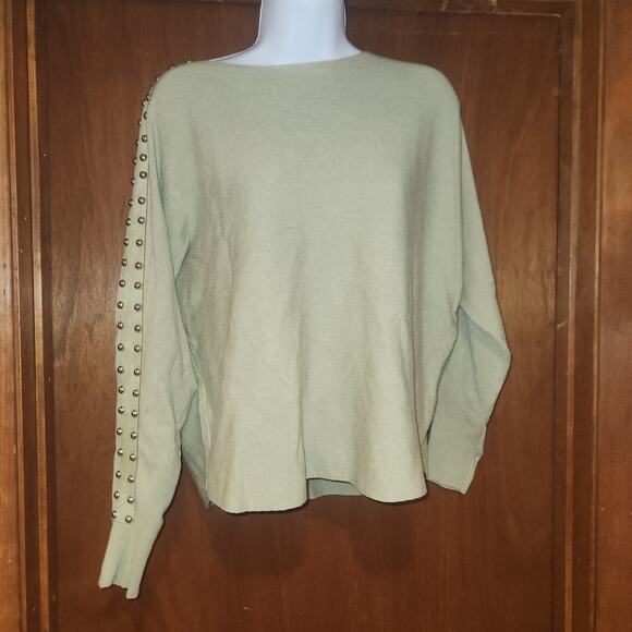 Sioni Milano Light Green Sweater With Metal Balls And Faux Suede Sz L - Picture 1 of 4